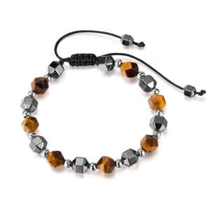 Unisex titanium tiger eye and hematite stone beaded bracelet with adjustable cord