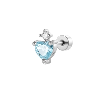Silver heart aquamarine stud earring with screw back and round zircon detail