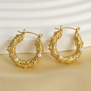 U-Shaped Hoop Earrings 18K Gold Plated Stainless Steel With Artificial Pearls And Rhinestones Textured Retro Style For Women