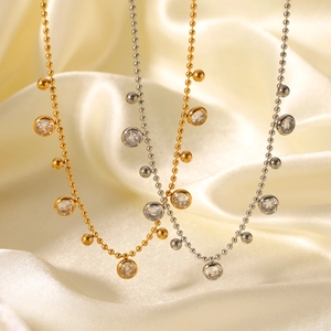 Stainless Steel Ball Chain Necklace With Zircon Round Pendants Geometric Non-fading Elegant Neckwear For Women