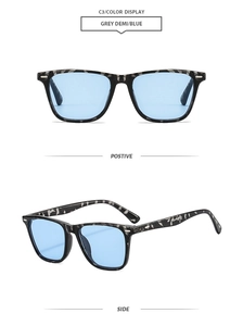 Detail view of retro square frame sunglasses in grey demi leopard print with blue lenses