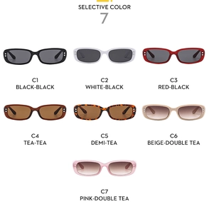 Selective color chart showing seven rectangular frame sunglasses with metallic accents