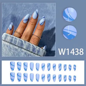 Elegant sky blue marble texture press-on nails set with long almond stiletto shape