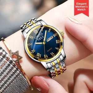 Macro view of bicolor women quartz watch with deep blue sunray dial and calendar display