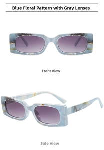 Detail view of blue marble texture rectangular sunglasses with gradient grey lenses