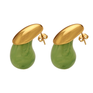 Retro 18k gold plated square hoops with green resin water drop pendants