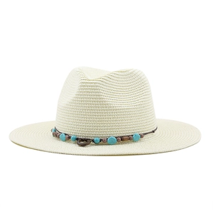 Women's cream straw fedora hat with bohemian turquoise bead band for sun protection