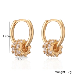 Detail shot of gold plated hoop earrings with zircon pave beads and size dimensions