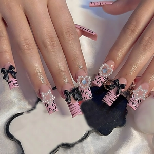 Pink Leopard Zebra Print Press On Nails Long Coffin Fake Nails With 3D Bow Artificial Pearl Heart Star Decor Sweet Style For Women