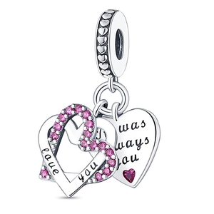 Detail of silver double heart charm with pink stones and Love you engraving