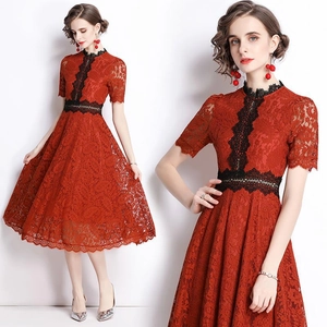 Elegant Lace Embroidery Midi Dress Round Neck A-Line Silhouette With Black Trim Vintage Style For Women