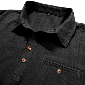 Detailed close-up of cotton linen shirt collar with textured wood button and black fabric