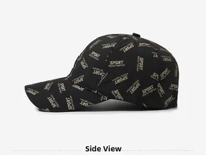 Side view of black baseball cap with golden SPORT World Fashion print and curved brim