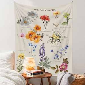Detailed wildflower tapestry showing vintage floral illustrations and botanical names