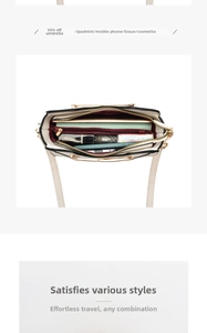 Internal multi-compartment view of beige handbag showing capacity for tablet and daily items