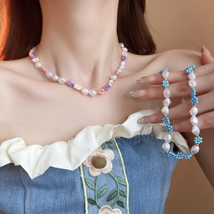 Flower Beaded Necklace Imitation Artificial Pearl Seed Beads Choker Sweet Y2K Style Jewelry For Women Daily Accessories