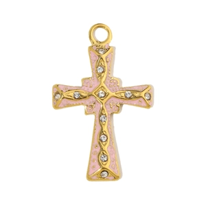 Detailed macro shot of a golden cross pendant with pink enamel and sparkling rhinestones