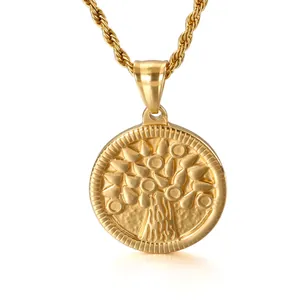 Tree Of Life Round Pendant Necklace Stainless Steel Embossed Medallion Hip Hop Vintage Jewelry For Men Women