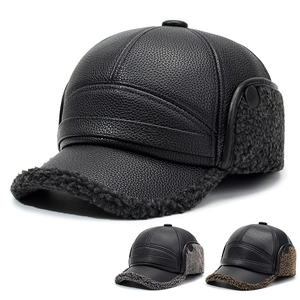 Winter Baseball Cap Men PU Leather Warm Ear Flaps Faux Lamb Wool Lining Windproof Thermal Outdoor Sports Hat