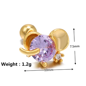 Macro view of gold elephant stud earring with purple zircon and detailed size specs
