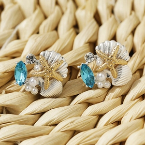 Starfish and shell stud earrings with blue crystals and white pearls for beach vacation style