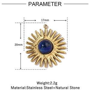 Detailed size chart for the golden sun pendant with blue natural stone and dimensions