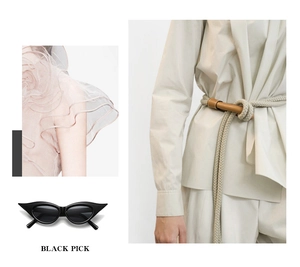 Collage of black cat eye sunglasses and beige braided belt with high fashion detail