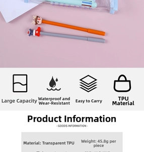 Detailed view of clear TPU Christmas stationery pouch with festive pens and weight specs
