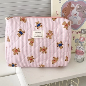 Pink striped quilted makeup bag with cute bear pattern for students and travel use