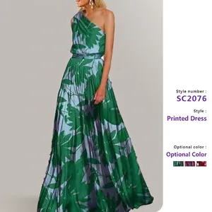 Asymmetric Maxi Dress Floral Leaf Print Polyester Pleated Sleeveless A Line Summer Vacation For Women