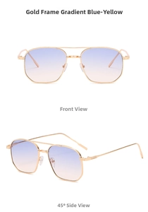 Front and 45-degree side views of retro metal double bridge sunglasses with gradient lenses