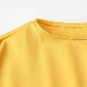 Satin midi dress in vibrant yellow featuring a clean round neckline and premium stitching