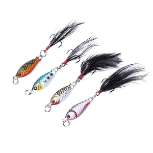 Set of four 2.5cm 4g micro metal jig lures with feathers and scale texture details