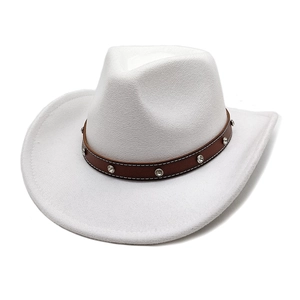 Close-up of white felt western cowboy hat with brown studded leather hatband and silver rhinestones
