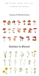 Macro detail of retro botanical PET stickers showing mushroom and daisy patterns for DIY crafts