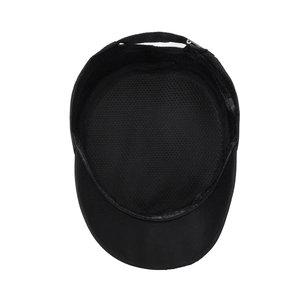Classic black flat top army cap with breathable mesh lining and adjustable metal buckle back