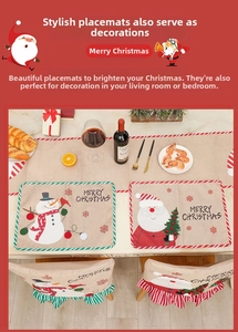 Detail of Christmas burlap placemats and chair covers with snowman and Santa embroidery