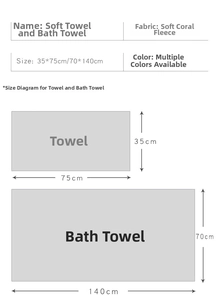 Size chart for coral fleece towel set including 35x75cm towel and 70x140cm bath towel