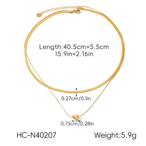Detail showing dimensions of gold layered heart necklace with flat snake chain