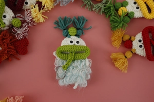 Close-up of handmade crochet sausage mouth key case showing detailed light blue yarn texture