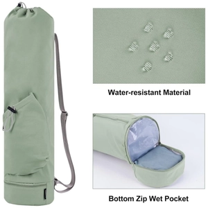 Water-resistant light green yoga mat bag with a bottom wet pocket and adjustable strap