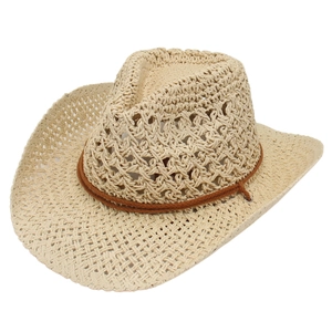 Vintage beige woven western cowboy straw hat with hollow crochet and brown decorative rope