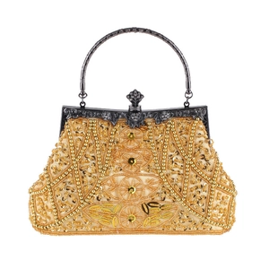 Borsa da sera vintage dorata con ricamo di perline di lusso e manico in metallo ornato