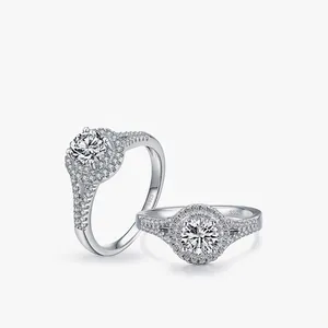 Elegant 925 Sterling Silver Halo Ring Round Brilliant Cut Cubic Zirconia Pave Band Engagement Wedding Jewelry For Women