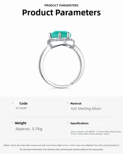 Detailed specs of S925 silver ring with 9x9mm green heart zirconia and 5A crystal accents