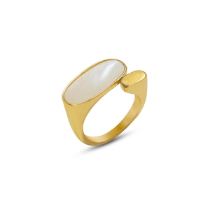 18k gold plated stainless steel open ring with oval white shell and geometric metal accent