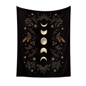 Bohemian black moon phase tapestry with vintage botanical illustrations for home wall decor