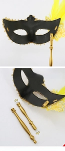 Detail of Venetian masquerade mask with black sequins, feathers, and detachable metal handle