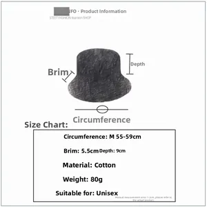 Guide des tailles pour chapeau bob avec mesures de circonférence, bord et profondeur