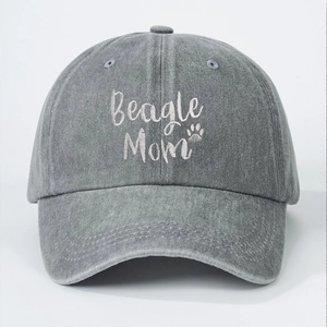 Unisex washed grey baseball cap featuring Beagle Mom embroidery and paw print design
